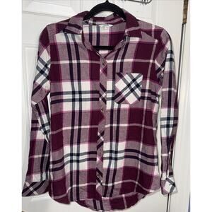 Sonoma Women’s XS (6) Burgundy Plaid Flannel Shirt Soft Button Down